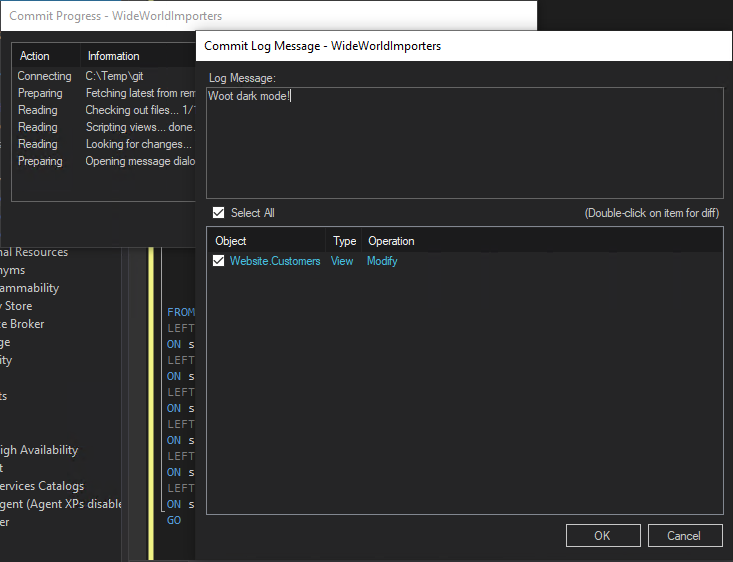 VersionSQL's sexy dark mode, with a SQL Shades cameo