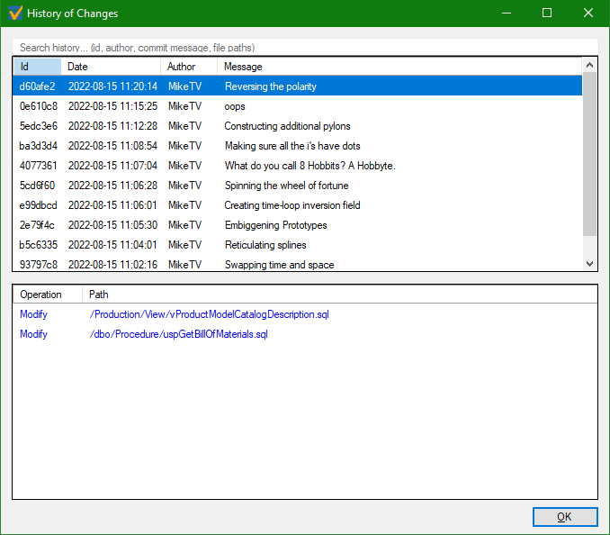 Screenshot of the history window