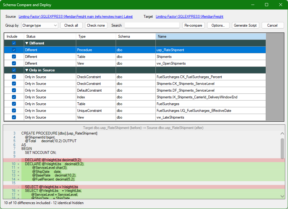 The Schema Compare and Deploy window. The source is the latest revision of a Git branch and the target is a database. The grid lists three changed objects and seven objects that are only in the source, all included. The lower pane shows the changes to the selected stored procedure.