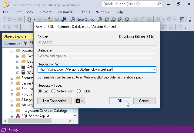 VersionSQL Connect Database to Version Control Dialog